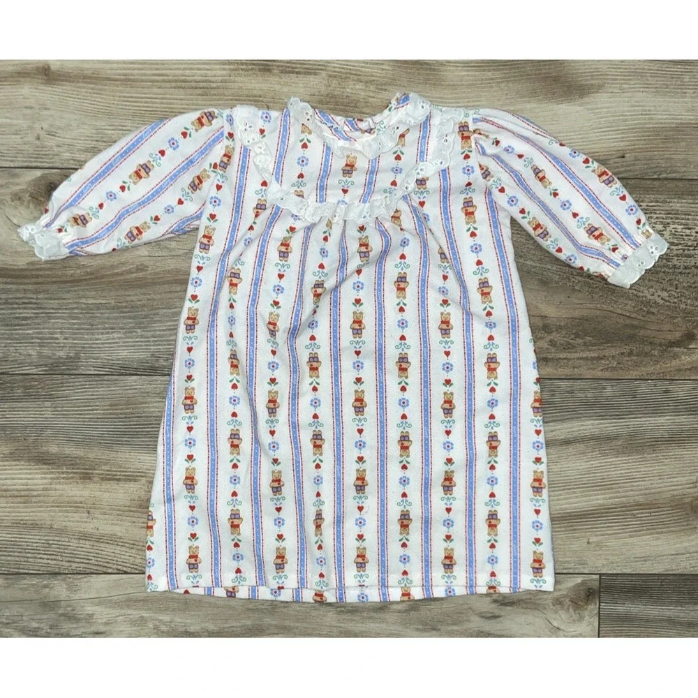 Lanz Of Salzburg Flannel Nightgown Girls Sz Small Blue Red Hearts Bear